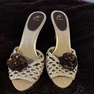J Vincent Gold Leather Mules w/ Brown Sequin Flower, Wood Heels w/ Gold Strips